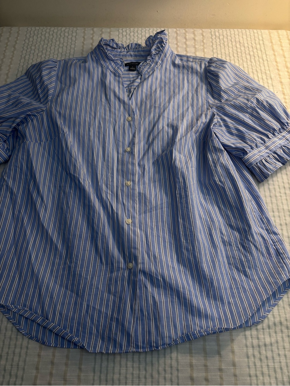 Ann Taylor Blue and White Striped Ruffle Collar Button-Front Blouse